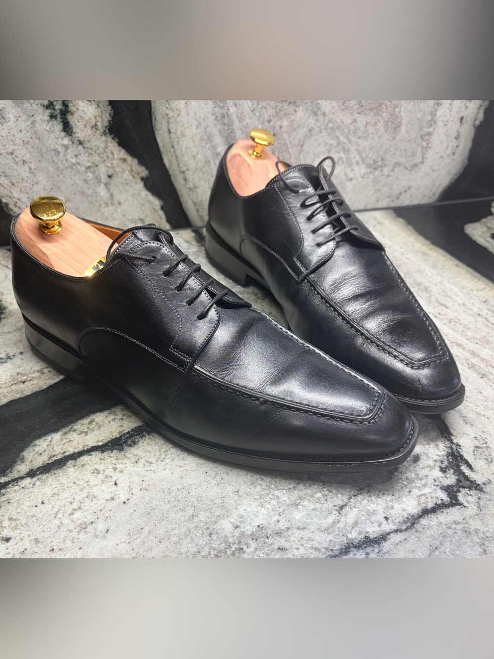 Santoni Black Italian Leather Apron Toe Derby Dress Shoes 9.5D